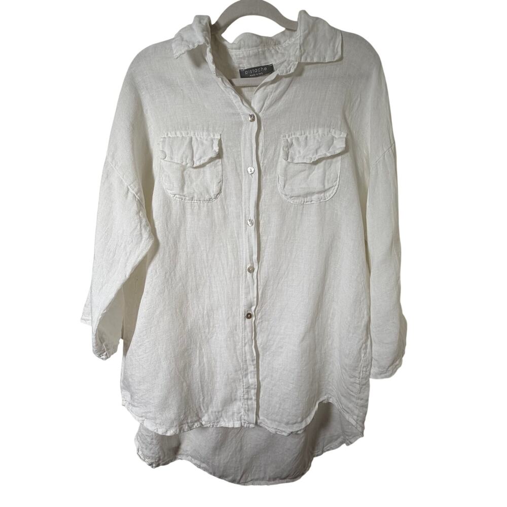 XL Pistache White Linen Made in Italy Button Up Shirt Lagenlook Beach Resortwear